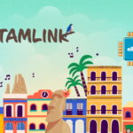 Promotional illustration for LatamLink featuring a colorful cityscape and an eSIM module, suggesting travel connectivity.
