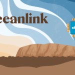 Brand illustration of Oceanlink with an eSIM chip over a stylized coastline
