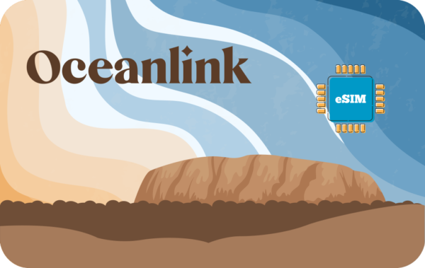 Brand illustration of Oceanlink with an eSIM chip over a stylized coastline