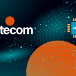 Letecom logo with orange dot, an eSIM chip, and geometric network lines over a dark gradient background.