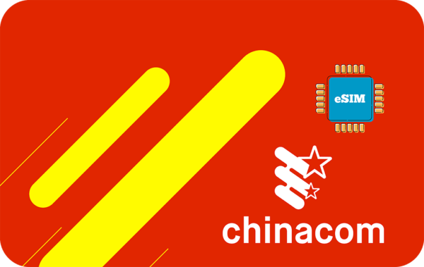 Brand graphic: red background with two large yellow diagonal bars, an eSIM chip, and the chinacom logo.