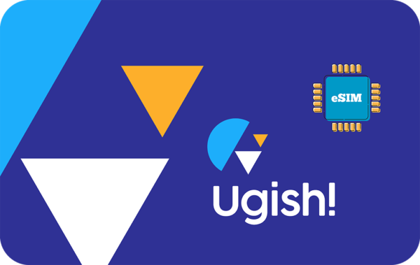 Branding image with Ugish! logo, abstract blue shapes, and an eSIM chip on a dark blue background.