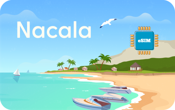 Hero image showing Nacala branding on a tropical beach with boats and a blue eSIM chip emblem in the sky.