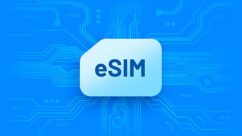 Blue graphic with a rounded square badge reading 'eSIM' over a circuit-board background, illustrating digital SIM technology.