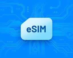 Blue graphic with a rounded square badge reading 'eSIM' over a circuit-board background, illustrating digital SIM technology.