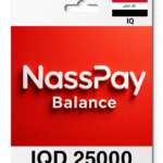 NassPay balance card showing IQD 25,000 with Iraqi flag in the header
