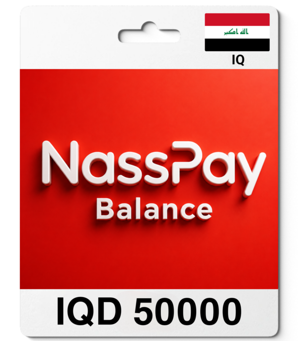 NassPay balance card showing IQD 50,000 with bold white 3D text on a red background and an Iraqi flag in the corner.