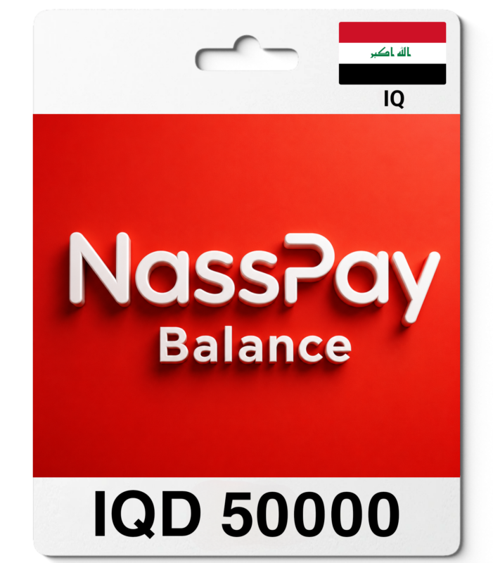 NassPay balance card showing IQD 50,000 with bold white 3D text on a red background and an Iraqi flag in the corner.