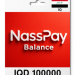 NassPay balance card showing IQD 1,000,000 with Iraqi flag in the corner on a red background.