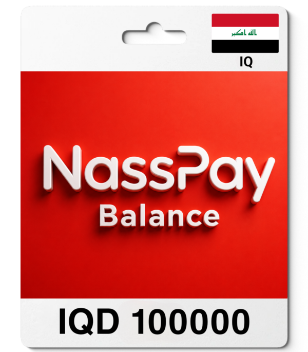 NassPay balance card showing IQD 1,000,000 with Iraqi flag in the corner on a red background.