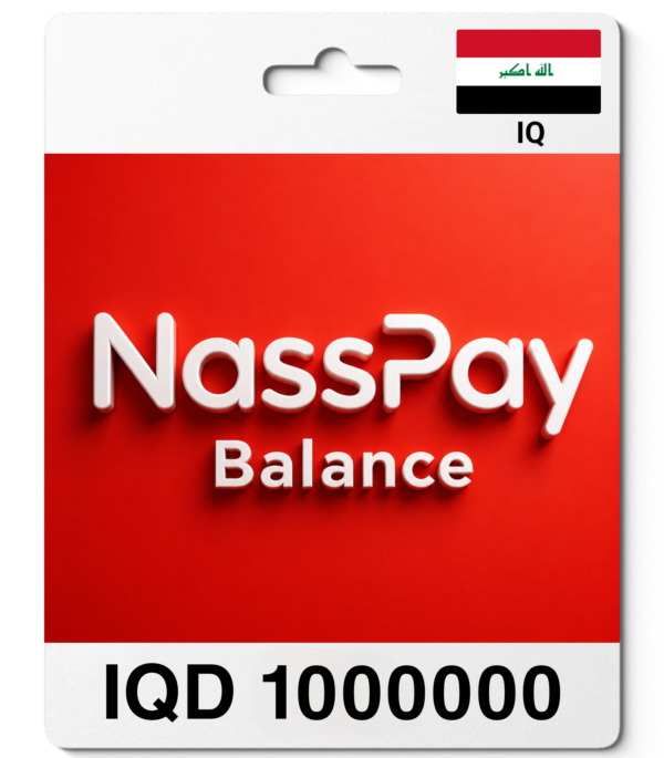 NassPay balance card on red background showing IQD 1,000,000 with Iraqi flag in corner