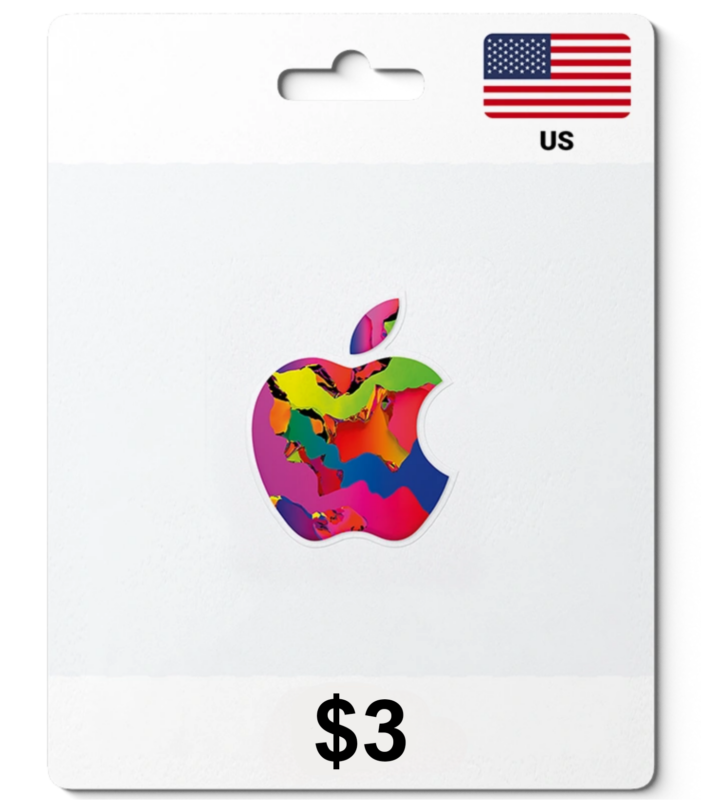 US Apple gift card front with a rainbow cracked Apple logo and a $3 denomination.