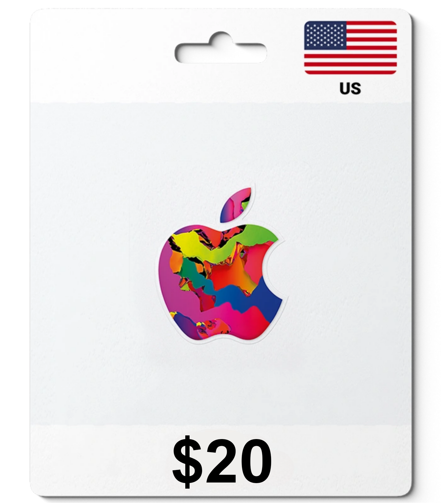 Picsart_26-10-01_06-36-31-674 - Epic Store US Apple Gift Card featuring a rainbow-colored Apple logo on a white card, value $20.