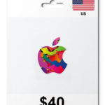 US Apple Gift Card featuring a multicolored Apple logo and a $40 value.