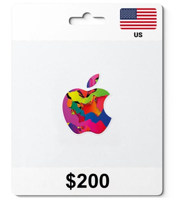 Gift card featuring a colorful Apple logo on white background, US flag in the corner, value $200