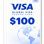 Front view of a Visa Global Reward Card showing a $100 denomination, with a blue globe graphic on white background and a USD badge in the corner