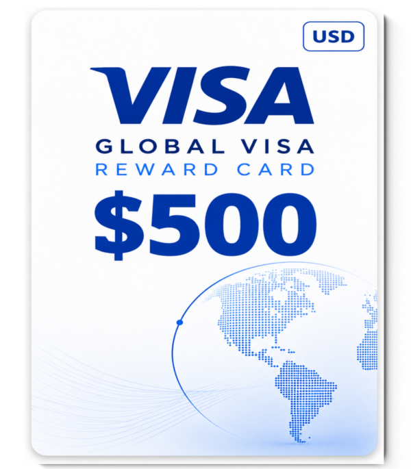Visa global reward card with $500 value and a globe graphic in blue, labeled USD at the top-right.
