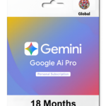 Packaging card with 'Global' label and a globe made of flags, atop a blue–yellow gradient background; shows 'Gemini' and 'Google AI Pro' with 'Personal Subscription' button text.