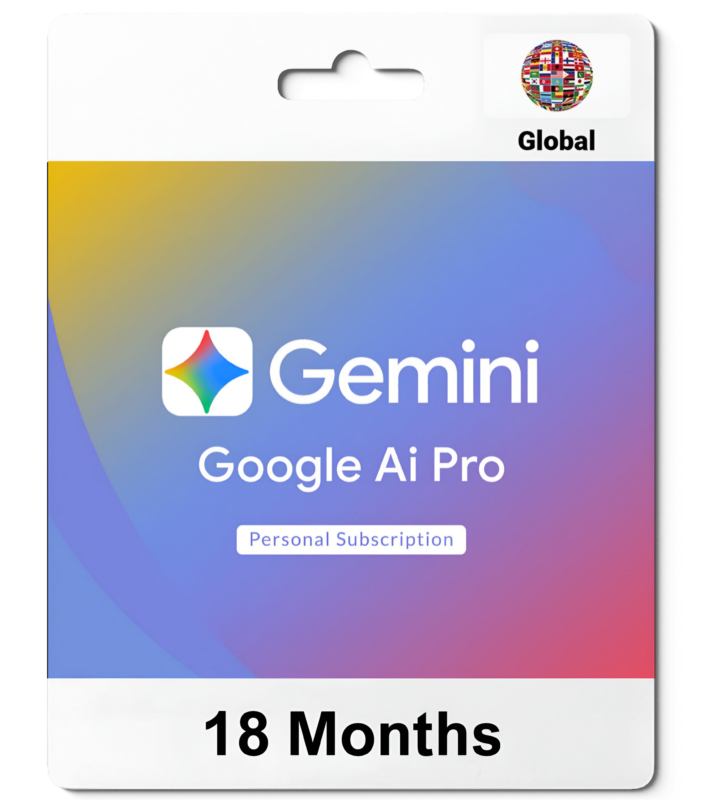 Packaging card with 'Global' label and a globe made of flags, atop a blue–yellow gradient background; shows 'Gemini' and 'Google AI Pro' with 'Personal Subscription' button text.
