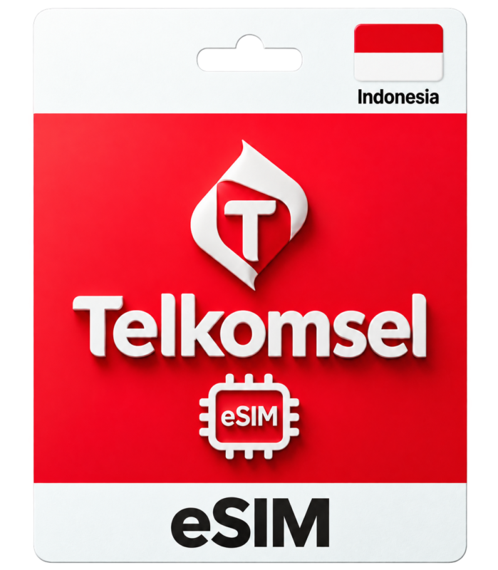Telkomsel eSIM packaging with Indonesian flag in top-right corner on a red and white card, showing eSIM chip icon in the center.